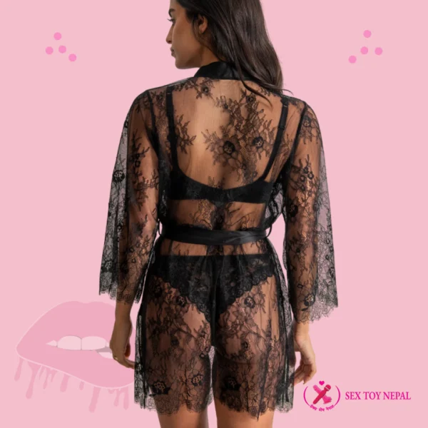 For Your Eyes Only Floral Lace Short Robe _ Lingerie Set back look